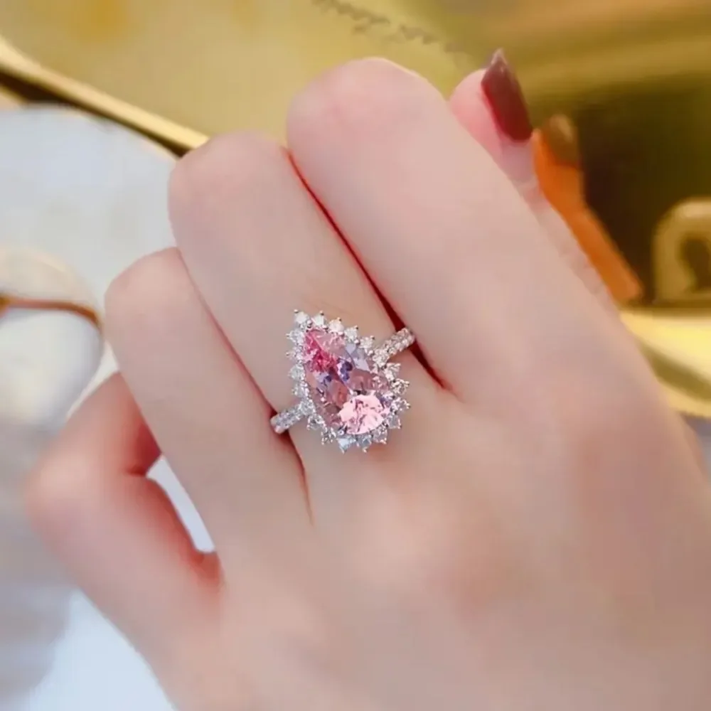 💍 Elegant Princess Engagement Rings For Bride Jewelry Romantic Pink Crystal